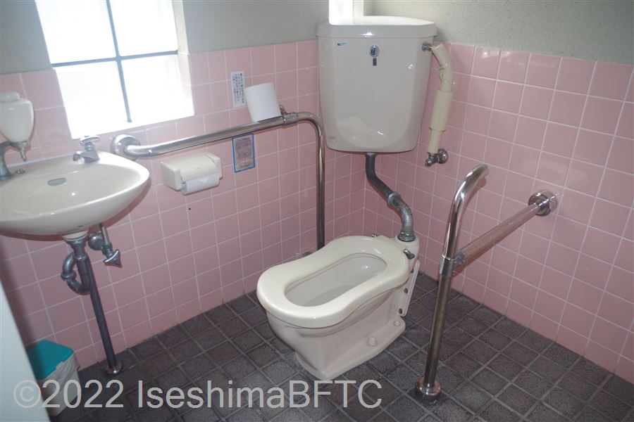 大王崎観光駐車場車いす対応トイレ　便器はバリアフリー型　便器左右に手すりがあるが、取り付けが不適切
