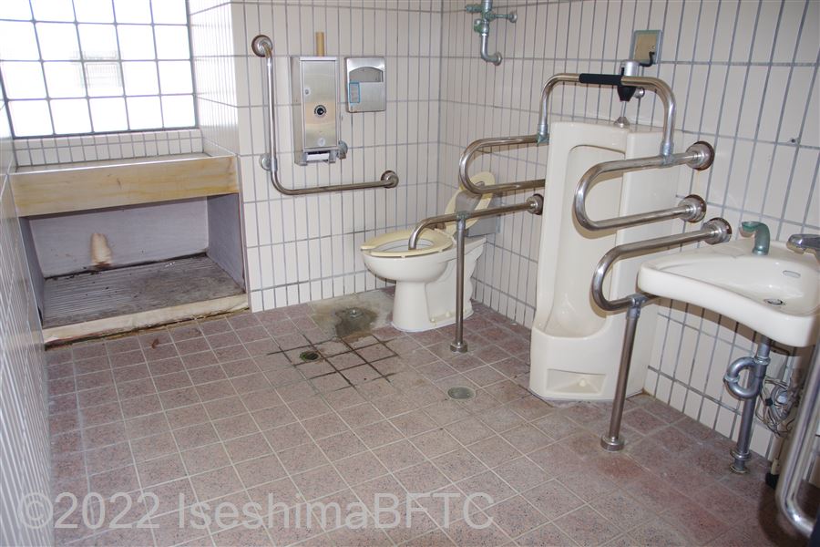 志摩総合スポーツ公園多目的広場車いす対応トイレ内部　入口からみて右奥に、よこ置きに便器。入口からみて右手前に洗面台